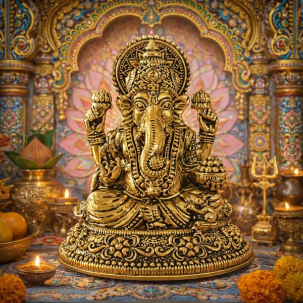 Estátua Ganesha em Metal Dourado 2 Estátua Ganesha em Metal Dourado 2
