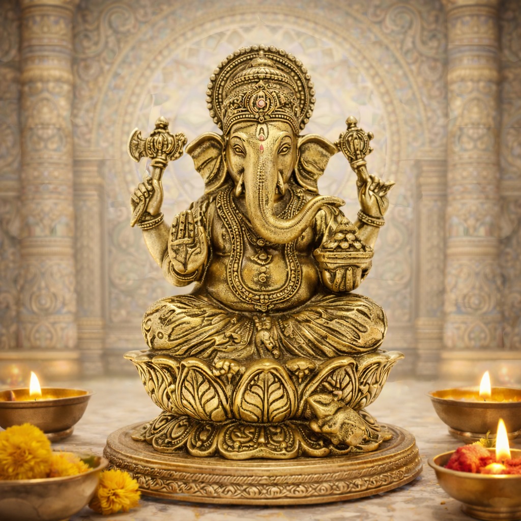 Estátua Ganesha em Metal Dourado Modelo 3