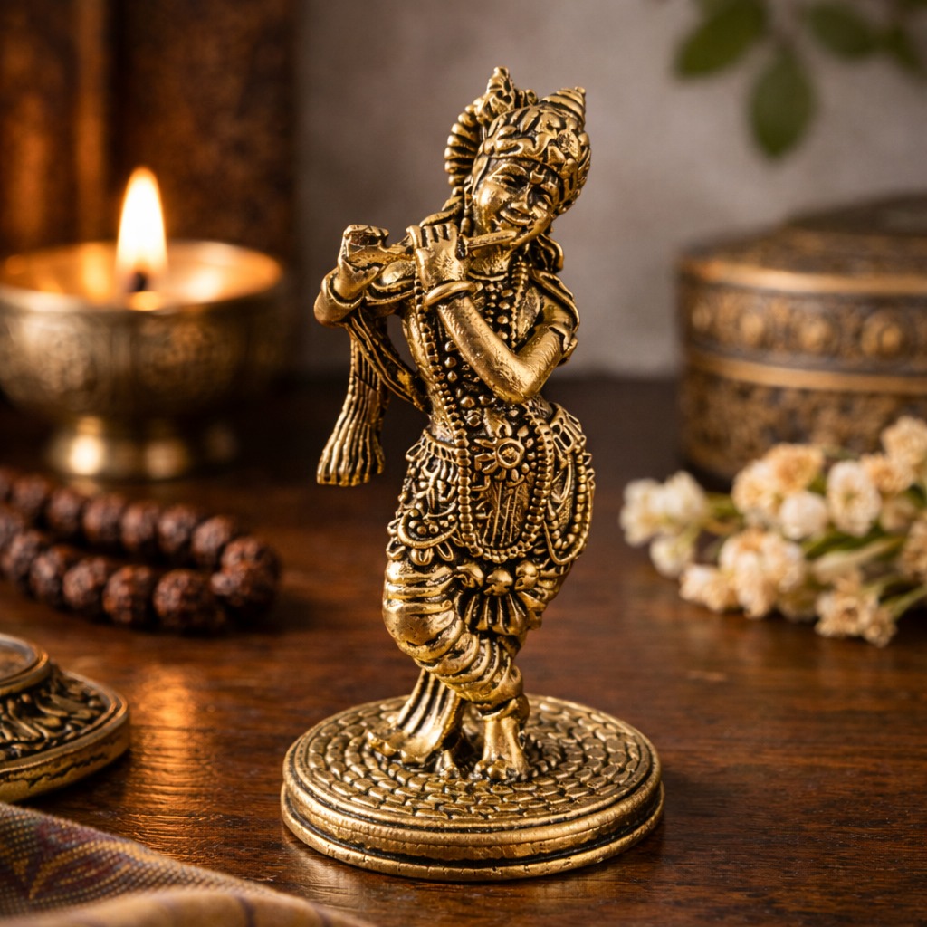 Estátua Lord Krishna em Metal Dourado