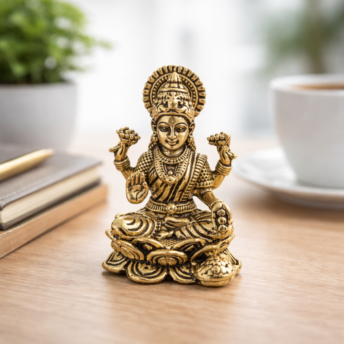 Estátua Lakshmi Flor de Lótus em Metal Dourado Modelo 3