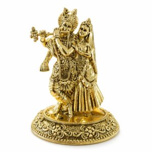 Estátua Radha Krishna em Metal Dourado