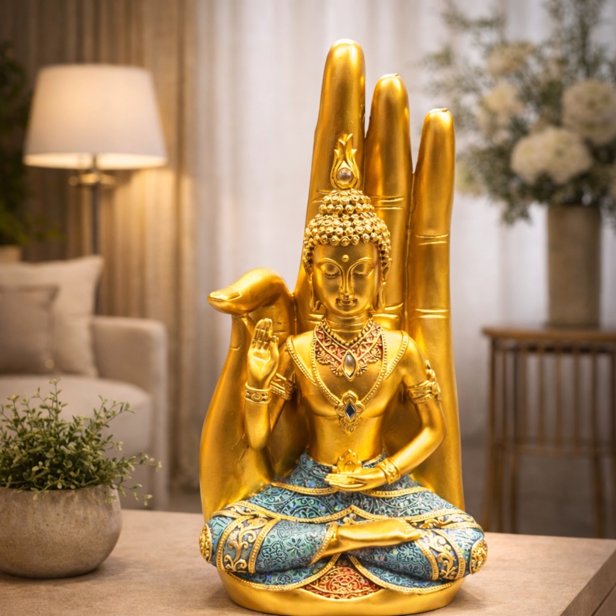 Escultura Buda Dourado com Mão Protetora 36 cm
