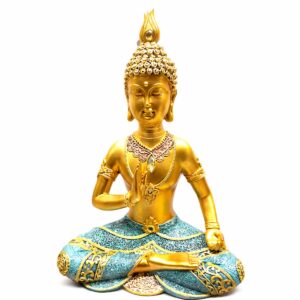 Escultura Buda Dourado com Mudra de Proteção
