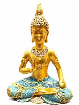 Escultura Buda Dourado com Mudra de Proteção