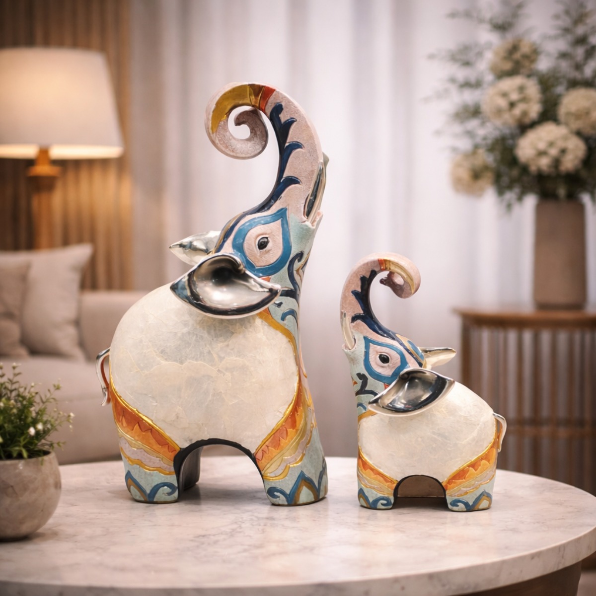 Esculturas Elefantes Decorativos Coloridos em Conjunto 28 cm