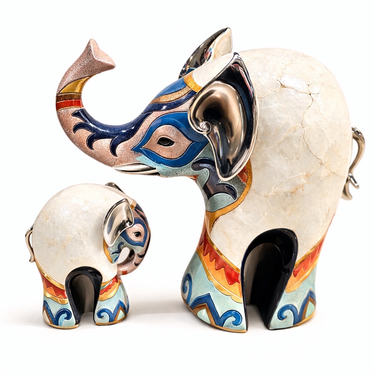 Esculturas Elefantes Decorativos Coloridos em Conjunto 28 cm