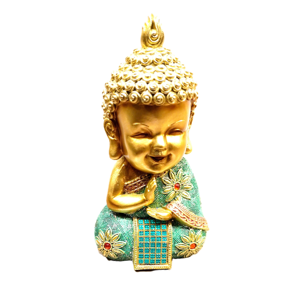 Estátua Buda Baby Dourado Verde Estátua Buda Baby Dourado Verde