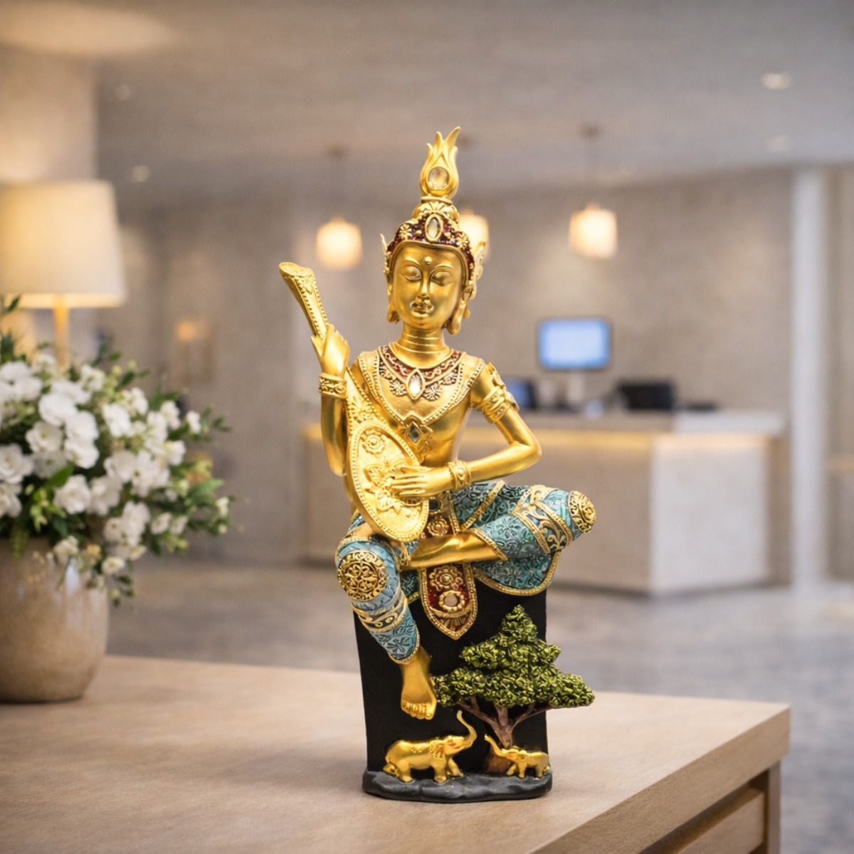 Estátua Buda Tailandês Músico Dourado 37 cm