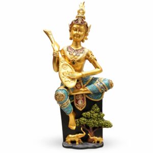Estátua Buda Tailandês Músico Dourado 37 cm