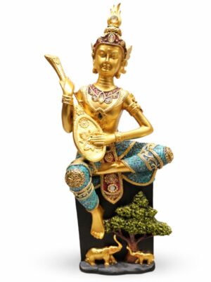 Estátua Buda Tailandês Músico Dourado 37 cm