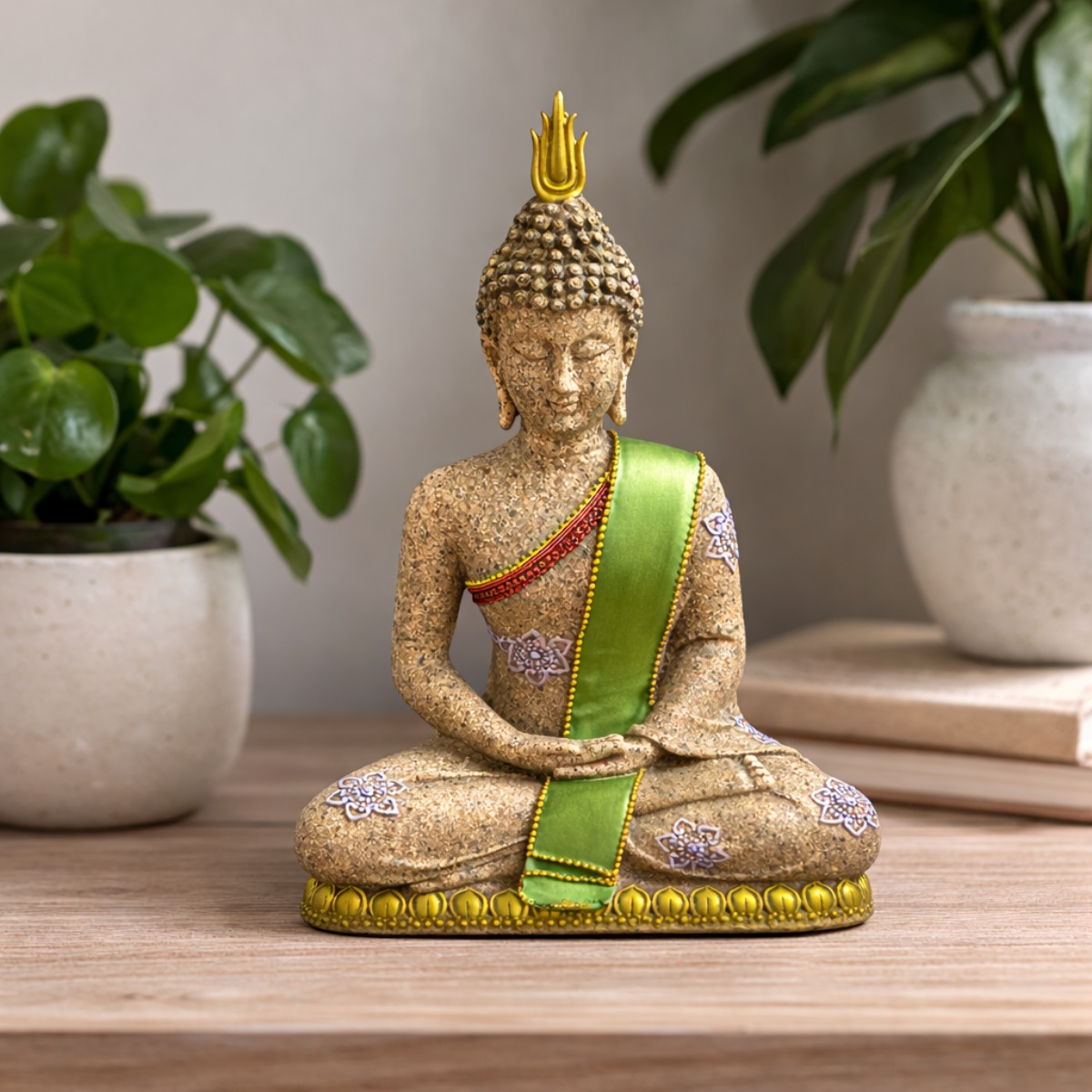 Estátua Buda com Faixa Verde Decorativa 26 cm