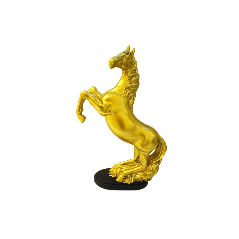Estátua Cavalo Dourado Empinado em Base Preta