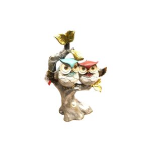 Estátua Duas Corujas Coloridas no Galho Dourado