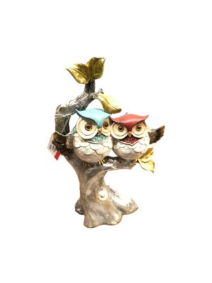 Estátua Duas Corujas Coloridas no Galho Dourado