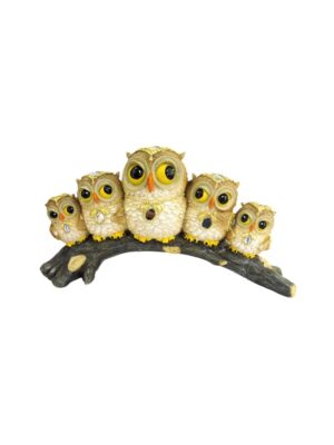 Estátua Família de 5 Corujas Douradas no Galho Estátua Família de 5 Corujas Douradas no Galho