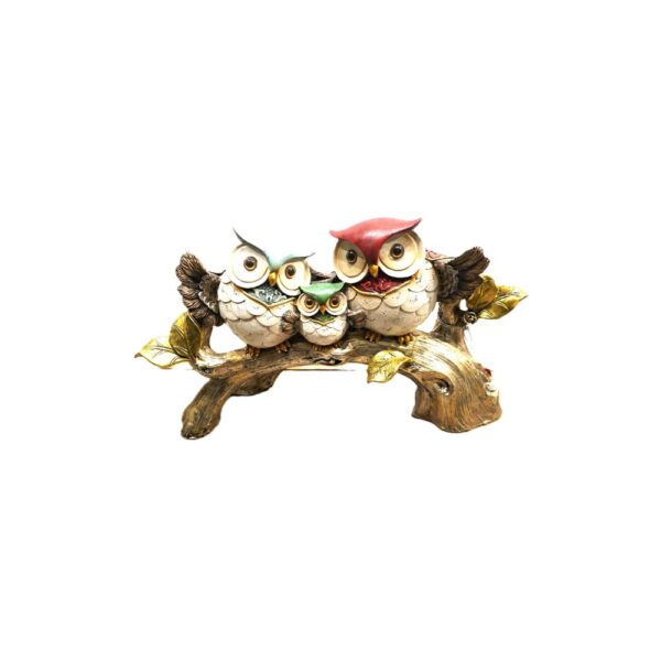 Estátua Família de Corujas Coloridas no Galho Estátua Família de Corujas Coloridas no Galho