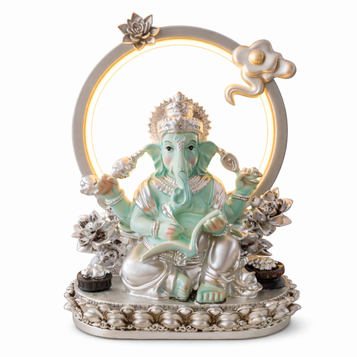 Estátua Ganesha Azul com Aro Luminoso 24 cm