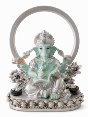 Estátua Ganesha Azul com Aro Luminoso 24 cm