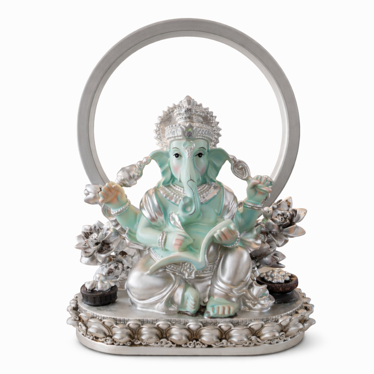 Estátua Ganesha Azul com Aro Luminoso 24 cm