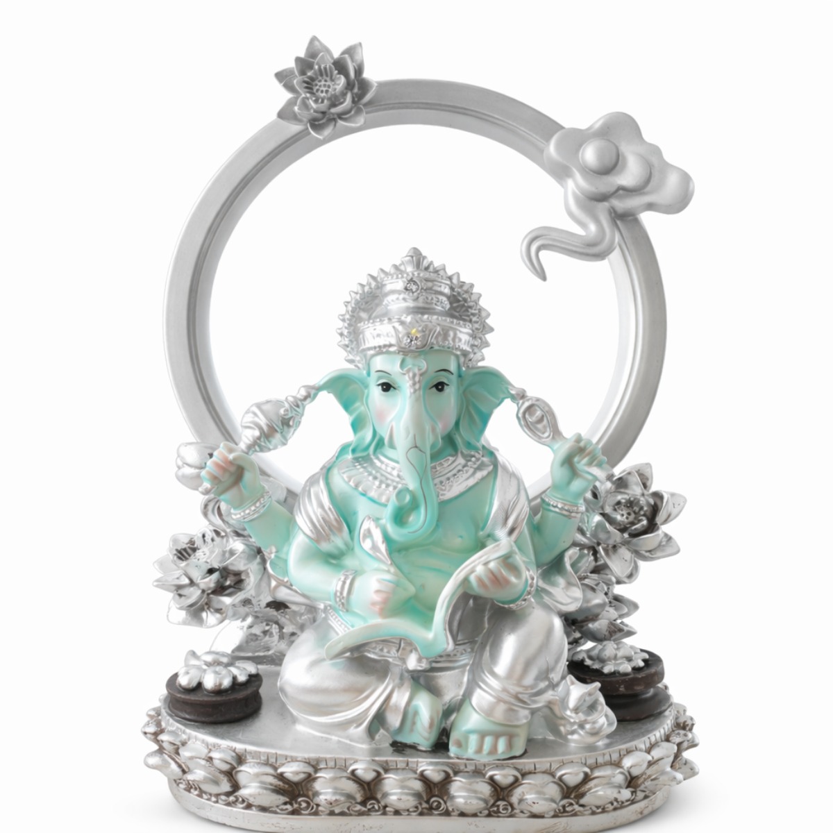 Estátua Ganesha Azul com Aro Luminoso 24 cm