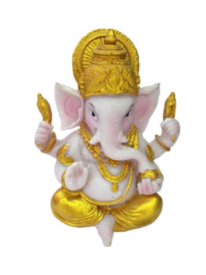 ganesha branco e dourado, estátua ganesha para altar, imagem ganesha prosperidade, ganesha espiritual, ganesha decoração, deus da fortuna hindu.