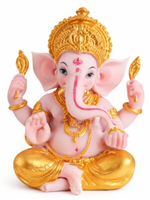 Estátua Ganesha Divino Branco Dourado 13 cm
