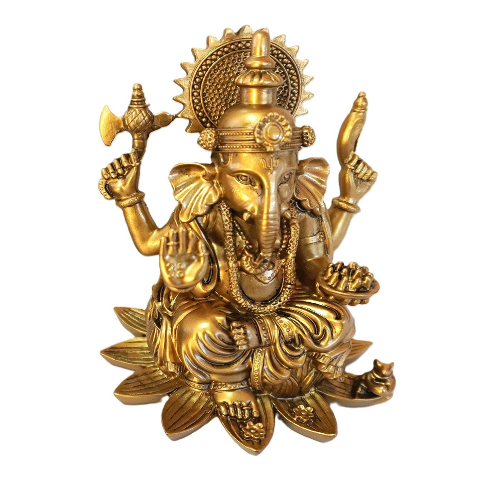 Estátua Ganesha Dourado Sentado no Lótus Estátua Ganesha Dourado Sentado no Lótus