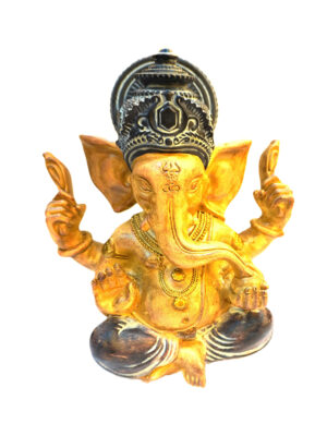 Estátua Ganesha Ouro Antigo com Coroa Esculpida
