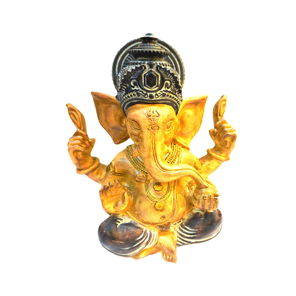 Estátua Ganesha Dourado com Coroa Preta