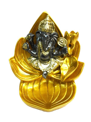 Estátua Ganesha Preto e Ouro no Lótus