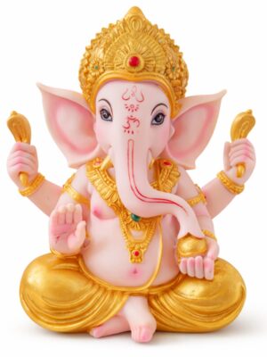 Estátua Ganesha Rosa Dourado com Tilak Vermelho 24 cm
