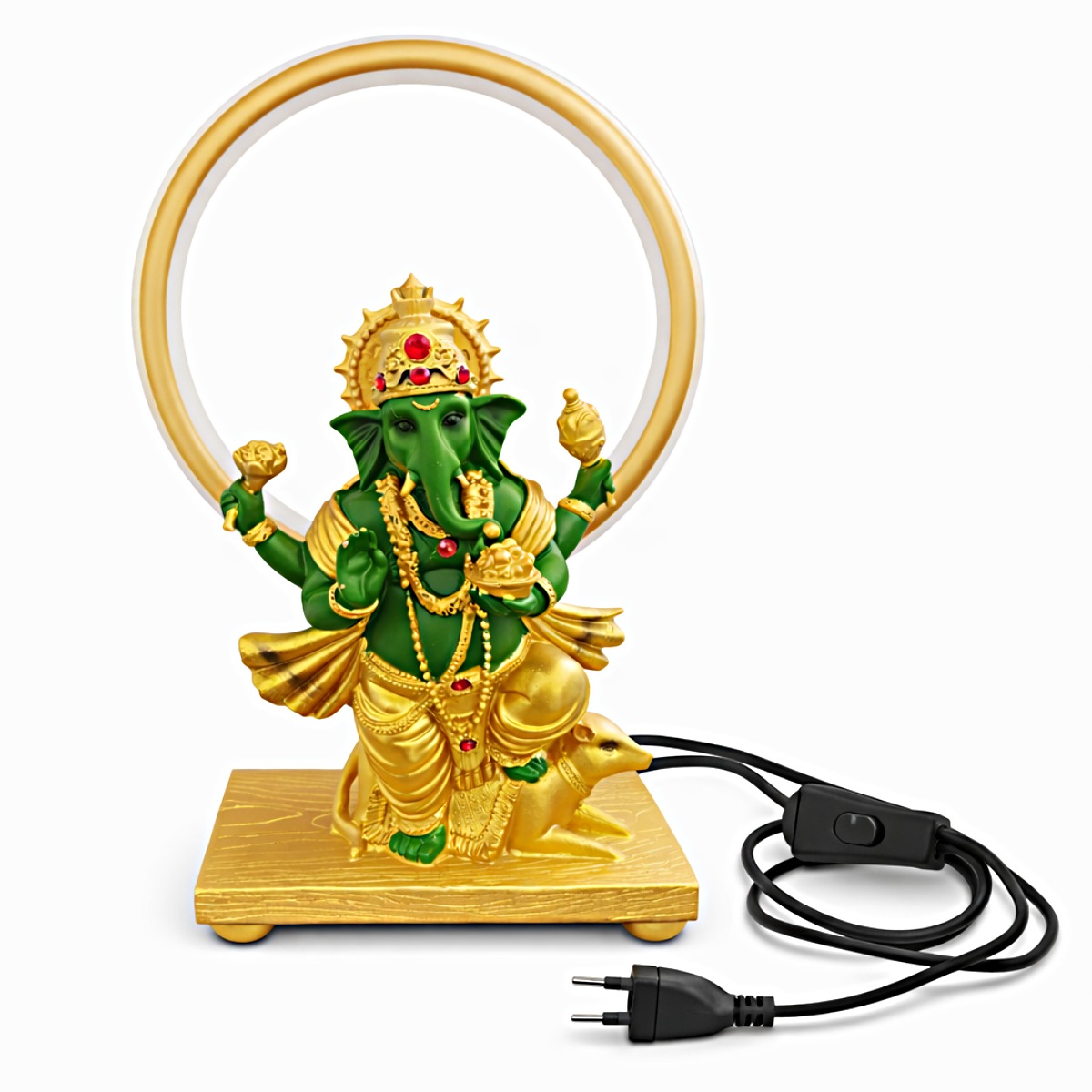 Estátua Ganesha Verde com Aro Luminoso 39 cm
