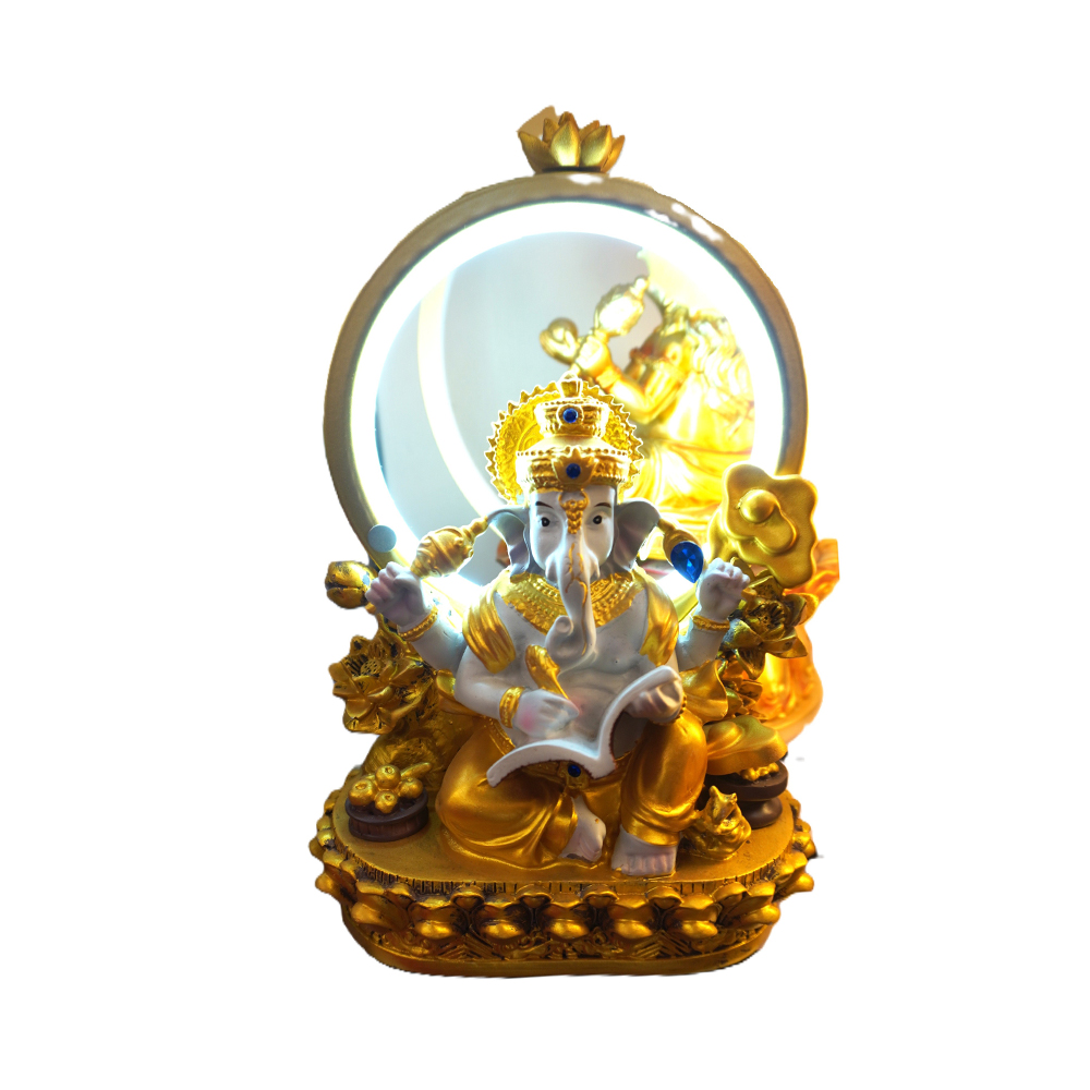 Estátua Ganesha com Halo Luminoso e Livro