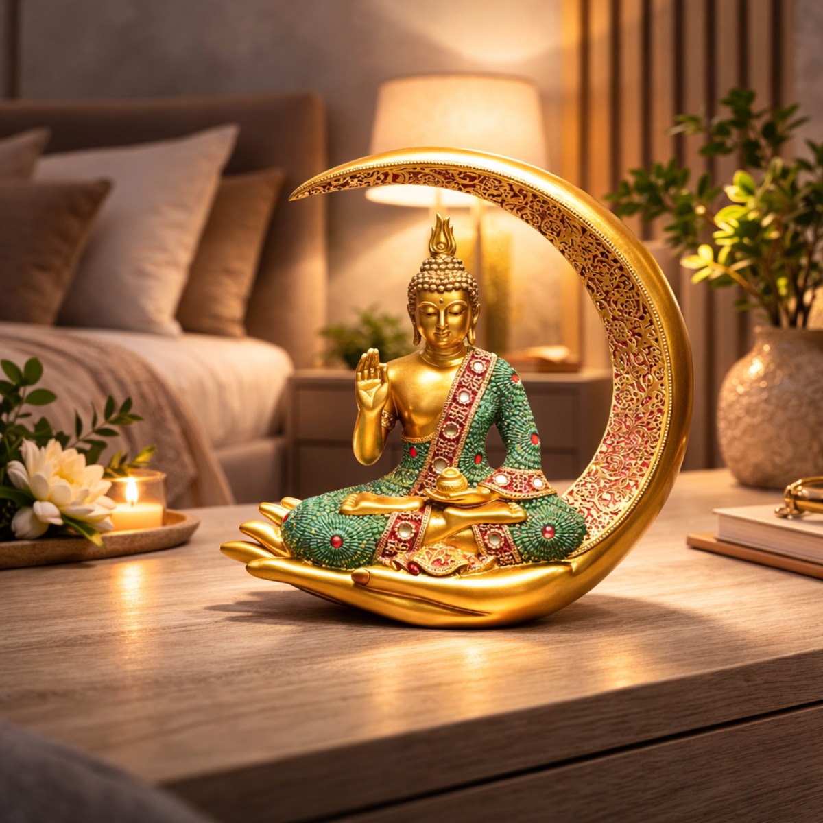 Estátua de Buda Sentado na Lua Dourada 27 cm (1) Estátua de Buda Sentado na Lua Dourada 27 cm