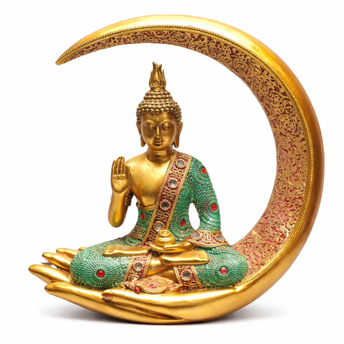 Estátua de Buda Sentado na Lua Dourada 27 cm Estátua de Buda Sentado na Lua Dourada 27 cm