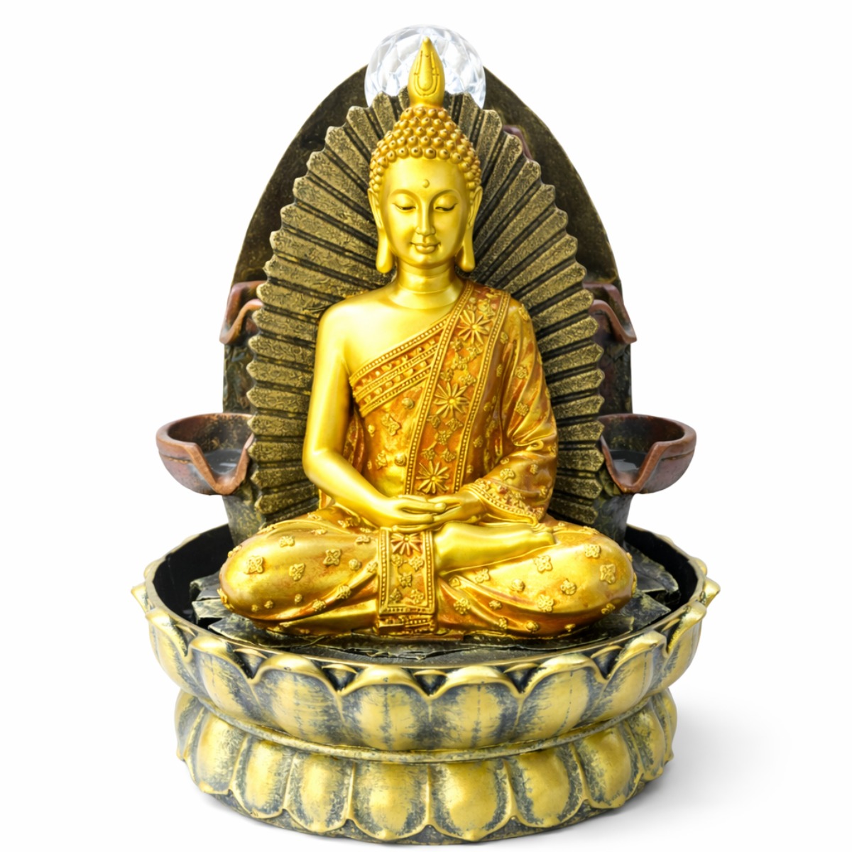 Fonte de Agua Buda Trono da Iluminação Dourado 28 cm