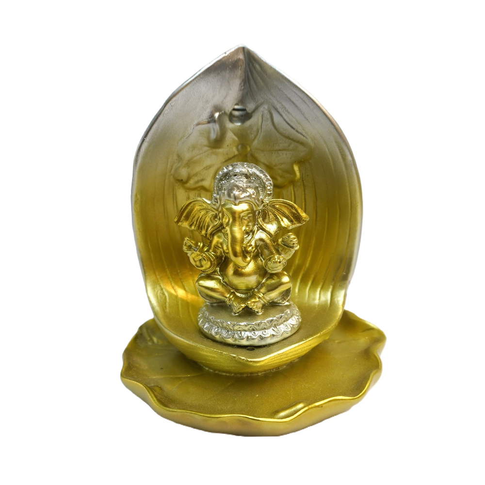 Incensário Ganesha Dourado com Folha Backflow