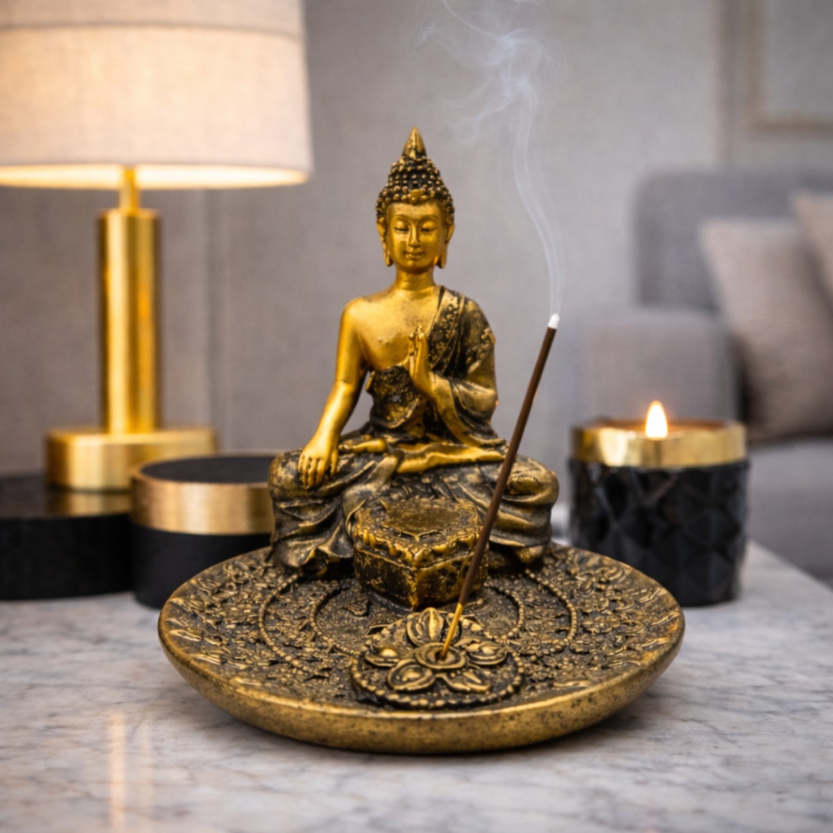 Porta Incenso Buda Dourado da Meditação