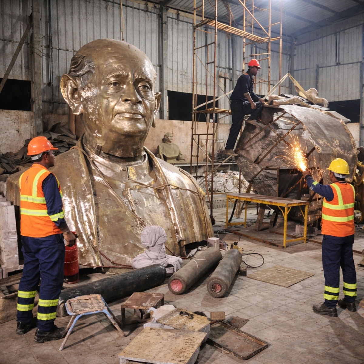 Busto monumental em bronze em fase de acabamento na oficina