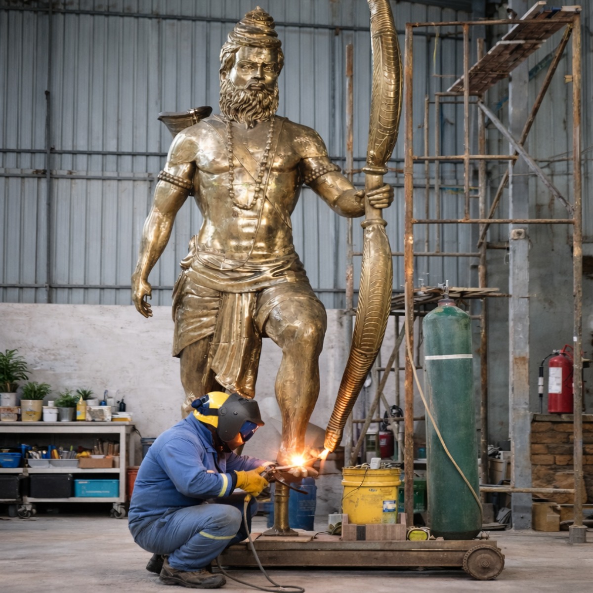 Escultura religiosa dourada de uma divindade em produção