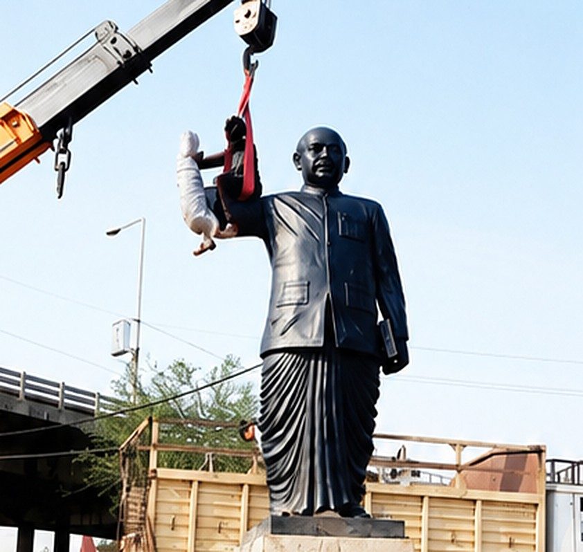 Instalação de um monumento público por grua em Jabalpur